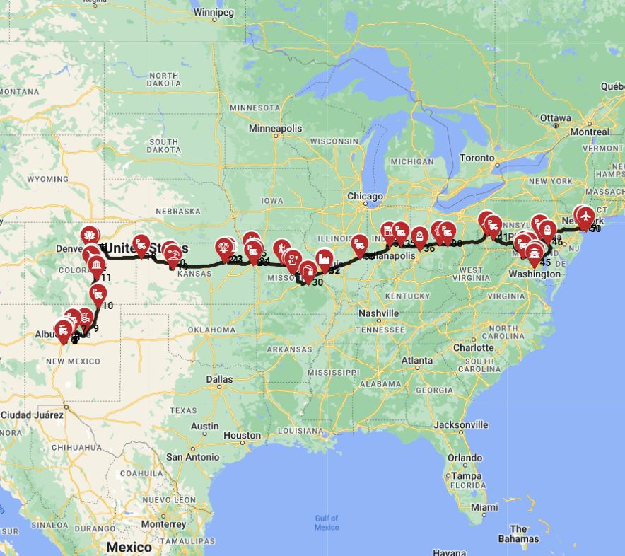 A Motorhome  route from Albuquerque to New York trip planner